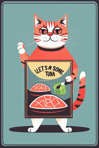 Cat with a Klaus Schwab motive shirt  and holding a sign "Let's eat Some Tunas",Flat Design