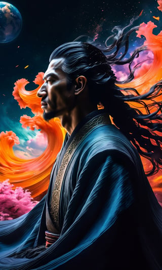 1man. A Zen Master, long black hair, floating hair, dressed in black_zen_hanfu, (cloth_back_view:2) .
Facing a group of angles and God light, upright, in heaven with cloudy and high mountains, (glowing energy swirling around body), epic scenes, stunning, magnificent, movie composition, movie lighting, high-definition, realistic, style raw, (back_view:1.7, sun glow). 

(A ray of light shines straight into my head).

(Film Still, Ultrasharp, photorealistic, cinematic scenes, detailed costumes, ink art, blink-and-you-miss-it detail, realistic skin, vray tracing, depth_of_field, bokeh background, 24mm Sony Lens), (crazy details: 2), mythical clouds,neon style