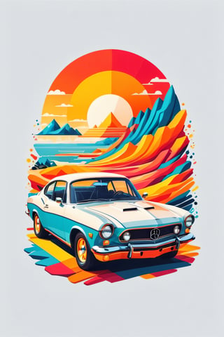 artwork of t-shirt graphic design, flat design of one retro ,retro car ,colorfull shades, highly detailed clean, vector image, photorealistic masterpiece, professional photography, simple sunrise backdrop , flat white background, isometric, vibrant vector((white background))