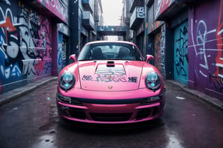 (sports car chase), buildings sparkling under neon lights, urban cyberpunk style in the middle of the night, mirrors reflecting rain on the ground, the photos are full and delicate, showing the best quality and high level of detail. Masu. Porsche 964 concept, red car, car driving, EpicArt,DonMC3l3st14l3xpl0r3rsXL,DonMG414 ,(Detailed Porsche emblem, Porsche 911),((Car body with graffiti: 1.4)), Flashy graffiti, Banksy painting