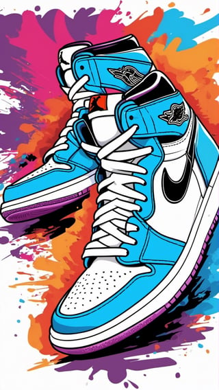 vector t-shirt art ready for print colorful graffiti illustration of Jordan 1 sneaker, frontal perspective, action shot, vibrant color, high detail, white background