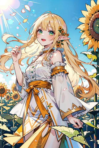 (masterpiece, best quality, highres:1.3), ultra resolution image, (1girl), (solo), kawaii, blonde hair, long flowing hair, elf, emerald eyes, gentle breeze, sunflowers, sunflower field, petal, sparkling magic, (soft sunlight:1.3), fantasy, nature accessories, happy