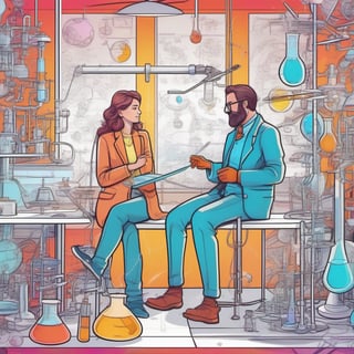 A couple in a science park, doodle world, chemistry instruments,colourful,8k
