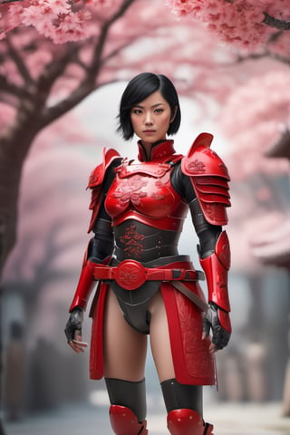 a beautiful short black hair woman, dressed in red samurai armor, red scarlet eyes, with sakura flower in the background, soft lighting, finely detailed features, intricate brush strokes, beautiful lighting,  Cinematic, Color Grading, Depth of Field, intricate details, Unreal Engine, Character Concept Art, creative, expressive, stylized anatomy, digital art, 3D rendering, unique, award-winning, Adobe Photoshop, 3D Studio Max, well-developed concept, distinct personality, consistent style, HW