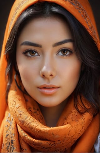 Photo of Beautiful young woman. Detailed face. Close up. Beautiful mesmerizing eyes. (((Scarf Orange))). Smooth skin. Light and Shadows on face. Vibrant colors. Balanced. Symetrical., Miki Asai Macro photography, close-up, hyper detailed, trending on artstation, sharp focus, studio photo, intricate details, highly detailed, by greg rutkowski, Developed and designed by Toni C., created in Playground AI
