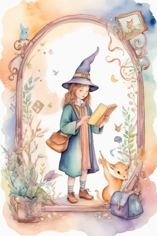 Whimsical scene of a young apprentice wizard, accidentally bringing photos to life, magical creatures emerging from frames, soft pastel tones, watercolor style, playful and enchanting