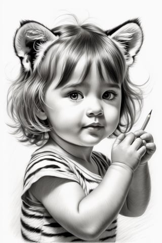 cubby cute little girl playing her tiger, pencil_(artwork), etching, crosshatching, rough sketch, monochrome, white background,Leonardo Style, illustration, in the style of Dave Malan