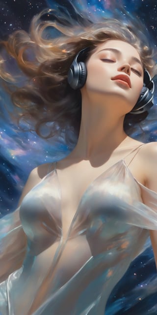 best quality,  extremely detailed,  HD,  8k, rule of thirds, oil color painting, portrait, 1 sexy girl floating in the air, sexy transparent dress, ((wear headphones)), floating in the middle of the galaxy, (nude),  nake shoulder, midnight sky, (holy:1.25), (flying:1.25), dreamwave, (aesthetic:1.25), abstract (sharp:1.1), close eyes, art by sargent,art by sargent, closeup shot