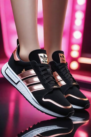 a stunning interpretation of Adidas bloomfield shoe sneaker tribute blackpink girls band, black color and rose gold carved Suede, advertisement, highly detailed and intricate, hypermaximalist, ornate, luxury, cinematic, cgsociety, Miki Asai Macro photography, close-up, hyper detailed, trending on artstation, sharp focus, studio photo, intricate details, highly detailed, by greg rutkowski