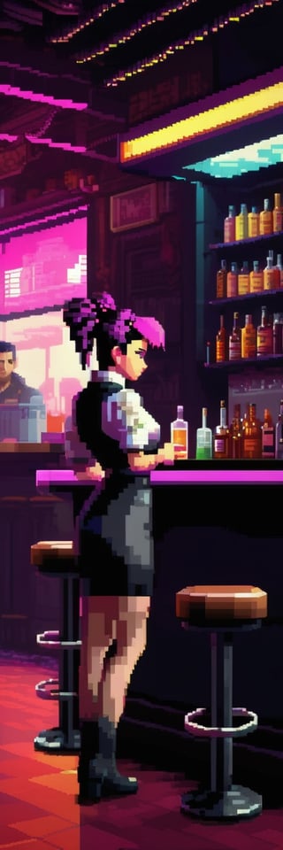 va11 hall-a cyberpunk bartender, beautiful 2D pixel art by lbertov, ilya kuvshinov, LucasArts, 8-bit, SNES, retro, dithered, sharp focus, polycount contest winner, voxel art