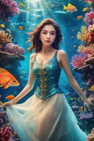 Compose a visually stunning image with a beautiful woman at the center of an underwater kingdom. Merge her beauty with the enchantment of an underwater world filled with colorful marine life, coral reefs, and shimmering light, photo realistic, fantasy