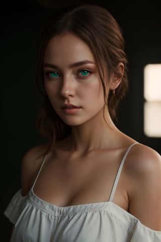 Best Quality, Masterpiece, Ultra High Resolution, (Realisticity: 1.4), Original Photo, 1Girl, Green Eyes, Off-the-Shoulders, Cinematic Lighting