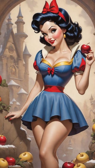 Detailed and lifelike depictions of Snow White, radiating a distinct pin-up style.  Dressed in miniskirts, stockings, and heels, their attire reflects the iconic colors of their traditional outfits, ensuring they're instantly recognizable as their respective characters. While classic features are present, the pin-up flair is undeniable. Artful tattoos add a contemporary touch. Their postures and expressions, combined with their pin-up attire, create a fusion of classic Disney and vintage allure.
