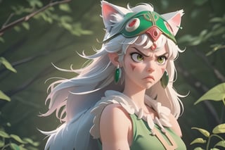 (masterpiece:1.2), (hig quality:1.2), 1girl, full view shot of beautiful princessmononoke, serious and angry, leaf -shaped earrings, high details, realistic, photography, beautifull green and bight detailed  forest at background, softfocus, 1 giant white wolf companion