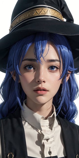 A Ultra realistic, Roxy Migurdia (mushoku tensei), long braided hair, bright blue hair, black witch hat, ,ultra realistic shadows, luxury fashion illustration, ,masterpiece, high quality, 32k , perfect detailed, ultra sharp focus,