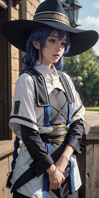 A Ultra realistic, Roxy Migurdia (mushoku tensei), long braided hair, bright blue hair, black witch hat, ,ultra realistic shadows, luxury fashion illustration, ,masterpiece, high quality, 32k , perfect detailed, ultra sharp focus,view from waist up