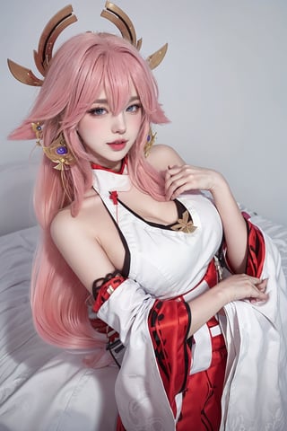 {{{masterpiece}}}, {{{best quality}}}, {{{ultra-detailed}}}, {cinematic lighting}, {illustration}, 1girl, yae miko cosplay, white, red, shrine maiden, purple eyes with pink hair, pale lips, sexy ass, sexy breasts, cleavage, pretty face, pretty eyes, nice hands, perfect body, tiny waist, tall, yaemikodef, sultry pose, sleeping on bed, sakura leaves falling, full body view, view from above, perfect hands,yae miko,bare shoulders,1girl,pink long hair,