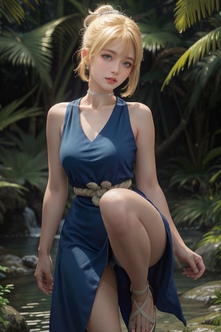 centered, 12 yo girl, kohaku  (dr. Stone), blond_hair, wearing saturated blue dress (worn out), simple short dress, simple white choker, white clog sandals, rope belt, short sword tied at rope belt, prehistoric world, jungle, walking, bokeh, depth of field, hyper realism shadows, ((best quality)), ((masterpiece)), ((realistic:1.3)), (detailed:1.3), ultra high res, ,photorealism:1.3, ((perfect hand)) ,raw photo:1.3, ultra detailed,detailed skin, Highly detailed face and skin texture, detailed eyes, double eyelids, very dark green eyes, dynamic light, pose, facial pore detail, full body, view from front and knee up, looking at viewer