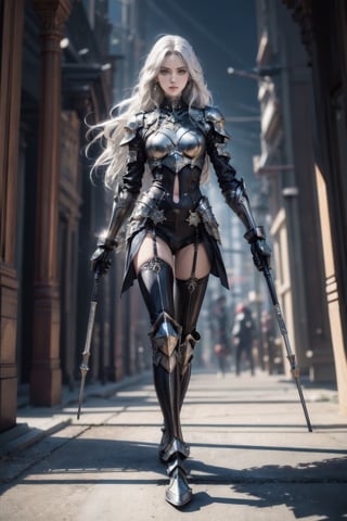 (masterpiece, best quality, offial art), 1girl, fullbody view, solo focus, delicate face, stern expression, extremely detailed face and eyes, beautiful armor, white hair, very long hair, bright green eyes, glowing eyes, futuristic setting, futuristic city, detailed background, abstract_background, daytime, walking towards viewer, heroic feeling