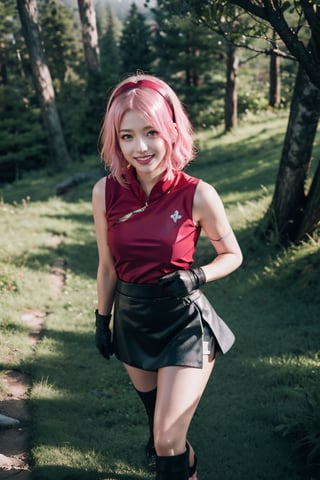 masterpiece, best-quality, photorealistic, raw photo,

1girl, sakura haruno, (green eyes:1.2), hairband, short hair, (pink hair:1.4), (small breast:1.2), bare shoulders, (black gloves:1.2), forehead protector, konohagakure symbol, ninja, (red shirt:1.5), shirt, (sleeveless:1.2), sleeveless shirt, (black short skirt:1.5), (tight shorts:1.2)

looking at viewer, smiling, top view, from above, intense angle, top_view_perspective

japanese old forest, torii, tree, stone, grass, 

backlighting, fog, day lighting, birch light, sun rays, volumetric light,haruno sakura,