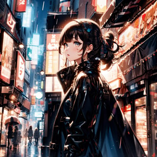 (best masterpiece) (resolution 1.3),, female character,, in the city,, close-up photo,, character facing left,, facing up,, black hair, long hair,, bright black eyes,, wearing a black raincoat, ,wet,,rain,,big city,,dark,,realistic 2D