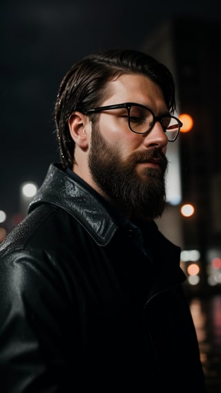Professional portrait of a man, bearded, looking up, raining, wet, wet hair, night time, city, sadness, glasses, eyes closed