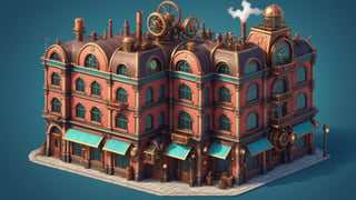 Professional game asset of a steampunk building, 3d style, high quality renders , (isometric), (flat background color:1.5)