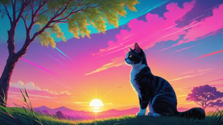 outdoors, sky, tree, no humans, animal, cat, grass, sunset, sun, animal focus, multicolor sky, synthwave style, 