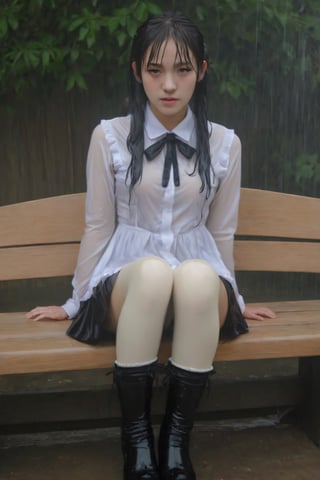 Full body shot, Wet Korean slave sitting on a bench in the rain,  completly soaked wet, bondage, dripping wet hair and clothes, frenchmaid velvet uniform, white wool tights, perfect hands, boots, ,xxmixgirl,eyes shoot,
