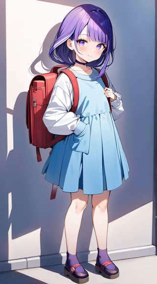 (Raiden Shogun from Genshin Impact dressed as popular girl). short, 4 Years old. (masterpiece, full body photo, sidelighting, 1girl), anime style, go to school, day background, sun light, shadow on the  wall, shadow. sakura flower background, eyelashes, red sweater oversize, blue skirt. red backpack, japan school. ((bye-bye)). eye_glow, blue eyes, purple hair. smile, choker. ponytail. 
