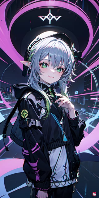 masterpiece,1girl, smirk, potrait a person rapper (dressed black jacket and a hat:1.2),  anime cyberpunk art, modern anime style ,blacklight, nahida.