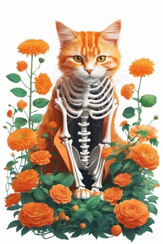 style by Michael Page, concept art fluffy orange cat skeleton in a blooming garden isolated by white background, fantastic plants . digital artwork, illustrative, painterly, matte painting, highly detailed, by IrinaKapi