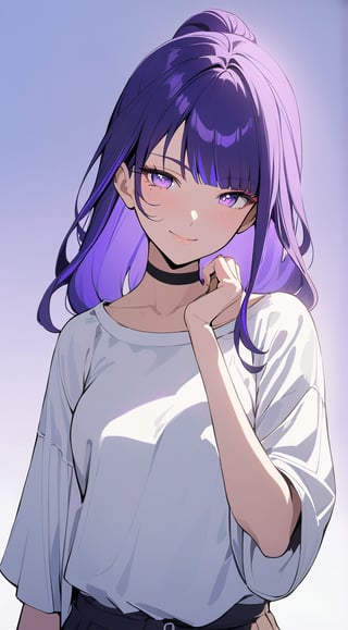 (Raiden Shogun from Genshin Impact dressed as popular girl). Tall. (masterpiece, upper body photo, sidelighting, 1girl), anime style, cute pose, simple background, hand on lips,  eyelashes, eye_glow, blue eyes, purple hair. smile, casual outift. feminim.choker. ponytail. 