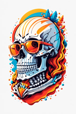 artwork of t-shirt graphic design, flat design of one retro ,retro skeleton ,colorfull shades, highly detailed clean, vector image, photorealistic masterpiece, professional photography, simple sunrise backdrop , flat white background, isometric, vibrant vector((white background))