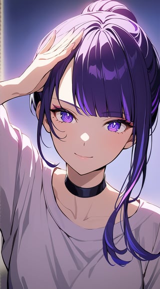 (Raiden Shogun from Genshin Impact dressed as popular girl). Tall. (masterpiece, upper body photo, sidelighting, 1girl), anime style, cute pose, simple background, eyelashes, eye_glow, blue eyes, purple hair. smile, casual outift. feminim.choker. ponytail. Perfect Hands.