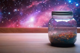 Highly detailed RAW color Photo, top Angle, a nebula in a mason jar, vivid detail, (nebula), (sci-fi), Mason Jar sitting on kitchen counter (highly detailed, hyperdetailed, intricate), particle effects, raytracing, cinematic lighting, shallow depth of field, photographed on a Sony a9 II, 35mm wide angle lens, sharp focus, cinematic film still, dynamic angle