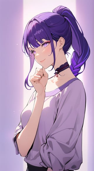 (Raiden Shogun from Genshin Impact dressed as popular girl). Tall. (masterpiece, upper body photo, sidelighting, 1girl), anime style, cute pose, simple background, hand on lips, hands clenched. eyelashes, eye_glow, blue eyes, purple hair. smile, casual outift. feminim.choker. ponytail. Perfect Hands.