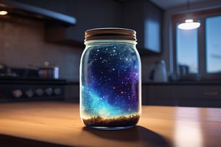 Highly detailed RAW color Photo, top Angle, a nebula in a mason jar, vivid detail, (nebula), (sci-fi), Mason Jar sitting on kitchen counter (highly detailed, hyperdetailed, intricate), particle effects, raytracing, cinematic lighting, shallow depth of field, photographed on a Sony a9 II, 35mm wide angle lens, sharp focus, cinematic film still, dynamic angle