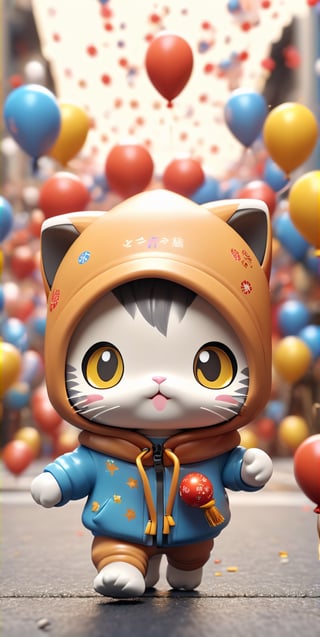 ((chibi style)), chibi cat in hoodie walking on busy street, new year setting, balloon and firecrackers, dynamic angle, depth of field, detail XL, closeup shot, finetune,ghibli,make_3d