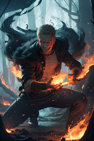 zoro from one piece anime (masterpiece, best quality, official art, beautiful and aesthetic), malicious fire elemental, embodiment evil form, (burning forest), evil eyes, evil smile, glowing eyes and mouth, trees on fire and rising smoke background, faint blue hue, swirling fire, mythical, mystical