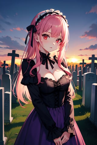 young woman, gothic_lolita, pink hair, long hair, purple dress, red eyes, glowing eyes, cleavage,  outdoors, cemetery, bored face, sunset