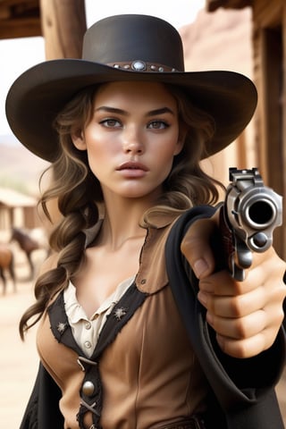 Create a [realistic] [4k] [monochrome] , [high contrast], [photography] that captures the essence of the [wild west], featuring a [masterpiece] that depicts a [cowboy] scene. The photo should be of [exquisite quality], with [specular reflection], [subsurface scattering], [diffuse reflection], [backlight], [soft light]. The image should prominently feature a [single], [extremely beautiful], [young] [woman], who is a [outlaw] and [bandit] with [alluring gaze]. She stands in an [old west] [dusty] town. The woman is dressed in typical cowboy attire, wearing a [poncho] or [black coat], pants with [chaps], [cowboy boots], and a [realistic] [cowboy hat] with [revolvers] in her [holsters], which complement her [natural] beauty and [cowboy] charm. Her [tanned face] is [flushed], [blushed] with [dense delicate freckles] should have [detailed contours] and a [heart-shaped] structure with [delicately proportioned features] and [high cheekbones]. Her [full, pouty lips] should be slightly parted, and her small, narrow nose should add to her charm. Her [detailed eyes] should be enhanced with [black eyeliner] and [black smudged eyeshadow], which beautifully frame her [natural] beauty. In the photo, the woman's skin should be [sweaty], [glossy], and radiant, while her [messy] hair should add to the [natural] appeal of the image. The [wild west] setting should be emphasized, with a [high level of detail] in the [realistic] and [natural] scenery. The [dusty town] should be placed in the background, enhancing the overall [wild west] vibe of the photo. The overall theme of the photograph should be [realistic], [half body] , [natural], and [wild west] in style, highlighting the beauty of the [old west].aim gun, aim gun, ,gunatyou,halsman,more detail XL