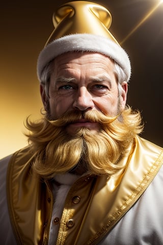 Masterpiece , high resolution, realistic,  foto do Papai Noel , arstation, digital art, face detail, half body, wear golden santa costume, wear gold santa hat, hair color gold, long mustache gold color ,beard  gold color, eyebrow gold color, all gold color shine,inspired by the Gold.,Inspired by the Gold,edgGolden