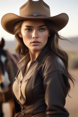 Create a [realistic] [4k] [monochrome] , [high contrast], [photography] that captures the essence of the [wild west], featuring a [masterpiece] that depicts a [cowboy] scene. The photo should be of [exquisite quality], with [specular reflection], [subsurface scattering], [diffuse reflection], [backlight], [soft light]. The image should prominently feature a [single], [extremely beautiful], [young] [woman], who is a [outlaw] and [bandit] with [alluring gaze]. She stands in an [old west] [dusty] town. The woman is dressed in typical cowboy attire, wearing a [poncho] or [black coat], pants with [chaps], [cowboy boots], and a [realistic] [cowboy hat] with [revolvers] in her [holsters], which complement her [natural] beauty and [cowboy] charm. Her [tanned face] is [flushed], [blushed] with [dense delicate freckles] should have [detailed contours] and a [heart-shaped] structure with [delicately proportioned features] and [high cheekbones]. Her [full, pouty lips] should be slightly parted, and her small, narrow nose should add to her charm. Her [detailed eyes] should be enhanced with [black eyeliner] and [black smudged eyeshadow], which beautifully frame her [natural] beauty. In the photo, the woman's skin should be [sweaty], [glossy], and radiant, while her [messy] hair should add to the [natural] appeal of the image. The [wild west] setting should be emphasized, with a [high level of detail] in the [realistic] and [natural] scenery. The [dusty town] should be placed in the background, enhancing the overall [wild west] vibe of the photo. The overall theme of the photograph should be [realistic], [half body] , [natural], and [wild west] in style, highlighting the beauty of the [old west].aim gun, aim pistol, ,gunatyou,halsman