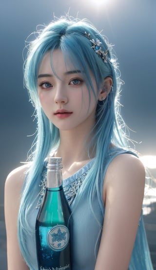 Masterpiece, realistic, (best quality), dreamlikeart 1 lady , 25 yo, beautiful,  
girl has blue hair and cute outfit,  magical girlnin a bottle, realism,  lady is looking at photographer, hyperdetailed photorealism, lifelike high res sharp focus contrast!! intricate detailed atmospheric light refraction lighting unreal engine , cinematic, light shafts,Bottle
