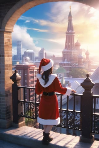 Masterpiece , high resolution, realistic, object ,1 santa girl, (( wear santa hat )), half body,standing front  of building, view to me,  background,arch, architecture, blue_sky, bridge, building, castle, chimney, city, cityscape, clock_tower, cloud, day, east_asian_architecture, fantasy, gate, house, no_humans, outdoors, pagoda, railing, scenery, sky, skyscraper, stairs, tower, tree,dashataran
