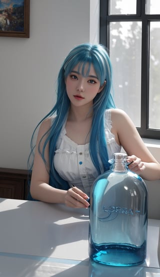 Masterpiece, realistic, (best quality), dreamlikeart 1 lady , 25 yo, beautiful,  
girl has blue hair and cute outfit,  magical girlnin a bottle, realism,  lady is looking at photographer, hyperdetailed photorealism, lifelike high res sharp focus contrast!! intricate detailed atmospheric light refraction lighting unreal engine , cinematic, light shafts,Bottle,nodf_lora