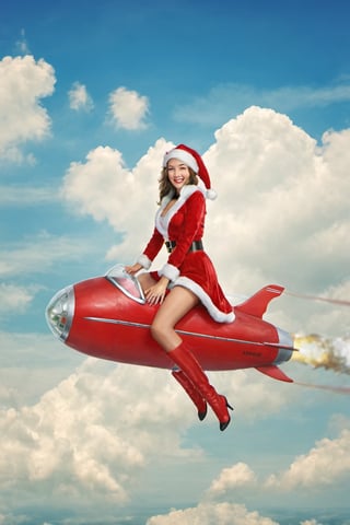 Masterpiece,.high reaolution, realistic, 1 girl. Beautiful, wear santa costume, ride red rocket., fly at sky, half body, rocketride,sll