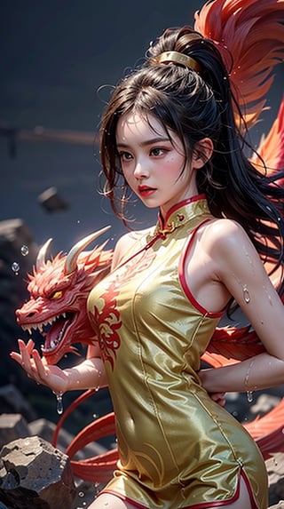 Cinematic, solo, 1girl, chinese, seductive female, ponytail hair, (sexy red qipao with gold), sleeveless, bare shoulders, wet, (levitating:1.4, floating rock:1.4, floating water:1.4), ((anger's fiery fury)), colorful_aura:1.5, energy_flowing, water_flowing, angry vibe, dynamic pose, upper_body, Epic zenith, fantasy theme, Depth of field, Film Still, pretopasin, abstract, traditional media, casting spell, NightmareFlame, oni style, ((Golden dragon pink fur)),, QIPAO