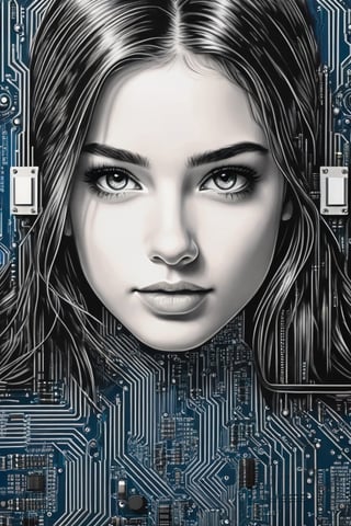 Masterpiece, realistic, circuit diagram art, girl drawn with a circuit diagram,circuit board, resistor, chip, processor intel, LSI,DonMC1rcu17Pl4nXL
